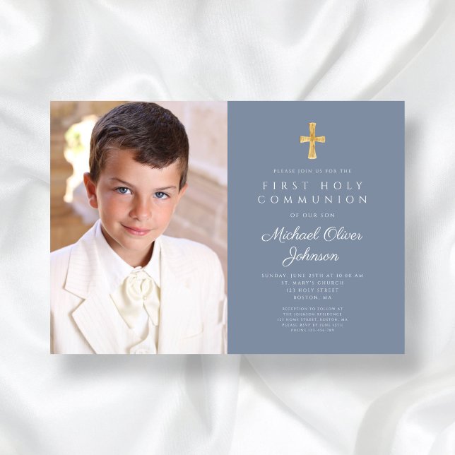 Elegant Dusty Blue Photo Boy First Communion Invitation (Elegant Dusty Blue Photo Boy First Communion Invitation)