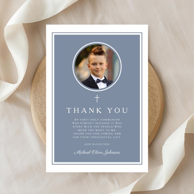 Elegant Dusty Blue Photo Boy First Communion Thank You Card (Elegant Dusty Blue Photo Boy First Communion Thank You Card)