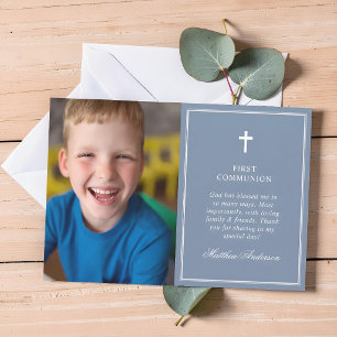 Elegant Dusty Blue Photo First Holy Communion Thank You Card