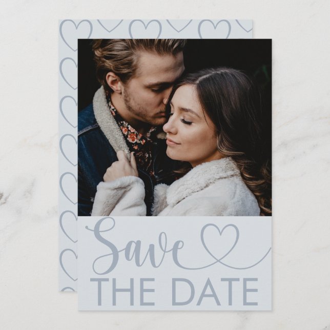 Elegant Dusty Blue Photo & Heart Save the Date (Front/Back)