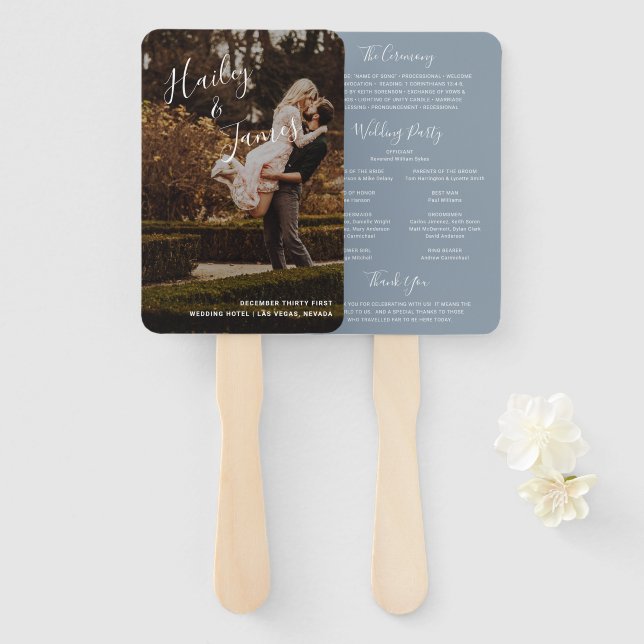 Elegant Dusty Blue Photo Modern Wedding Program Hand Fan (Front and Back)