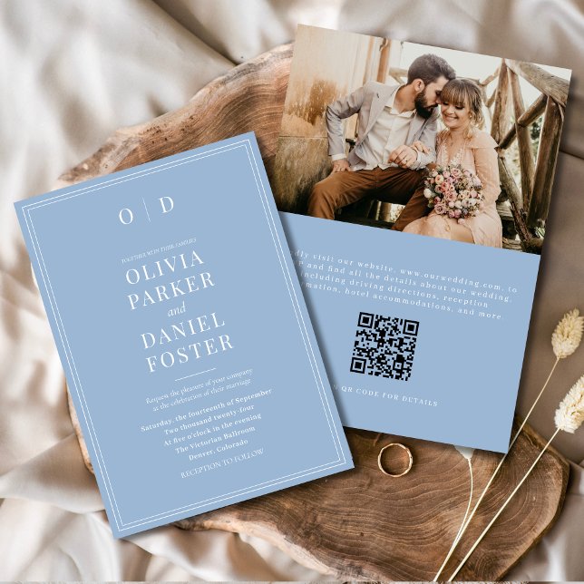Elegant Dusty Blue Photo QR Code Wedding Invitation (Creator Uploaded)