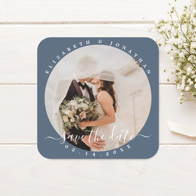 Elegant Dusty Blue Photo Wedding Save The Date Square Sticker (Creator Uploaded)