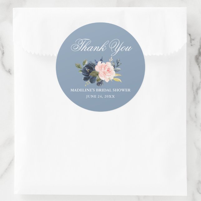Elegant Dusty Blue Pink Floral Bridal Shower Classic Round Sticker (Bag)