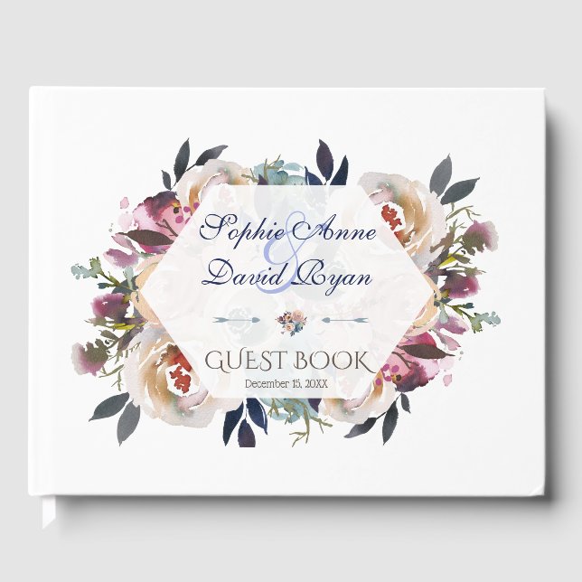 Elegant Dusty Blue Pink Floral Geometric Wedding Guest Book (Front)