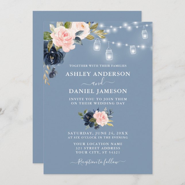 Elegant Dusty Blue Pink Floral Jar Lights Wedding Invitation (Front/Back)