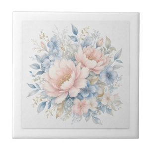 Elegant Dusty Blue Pink Floral Watercolor Art Ceramic Tile