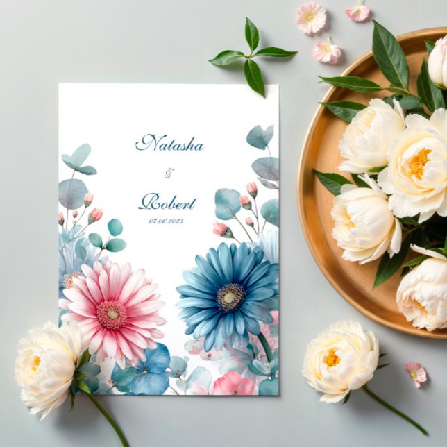 Elegant Dusty Blue Pink Gerbera Daisy Eucalyptus Invitation (Creator Uploaded)