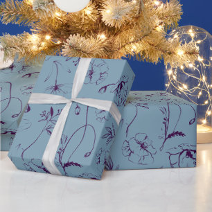 Elegant Dusty Blue & Plum Botanical Line Art Wrapping Paper