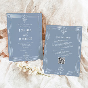 Elegant Dusty Blue QR Code All in One Wedding Invitation