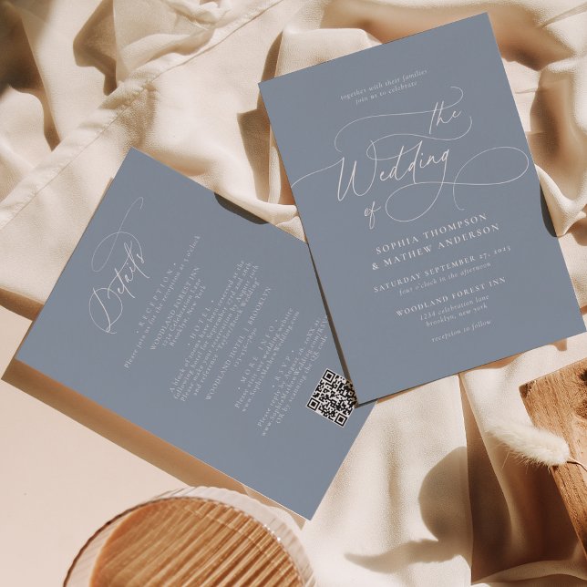 Elegant Dusty Blue QR Code All in one Wedding Invitation (Creator Uploaded)