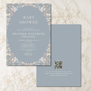 Elegant Dusty Blue QR Code Wildflower Baby Shower  Invitation