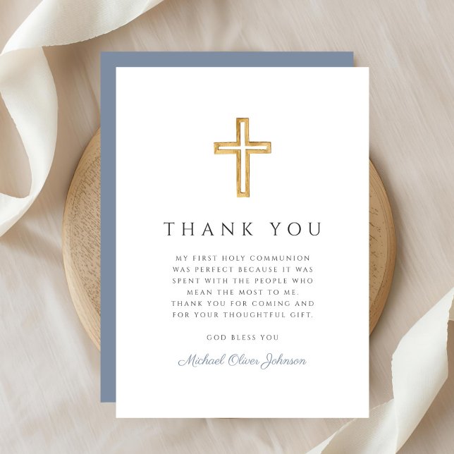 Elegant Dusty Blue Religious Boy First Communion Thank You Card (Elegant Dusty Blue Religious Boy First Communion Thank You Card)