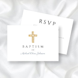 Elegant Dusty Blue Religious Cross Boy Baptism  RSVP Card