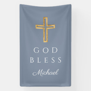 Elegant Dusty Blue Religious Cross Boy God Bless Banner