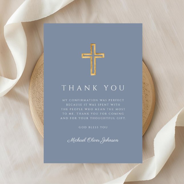 Elegant Dusty Blue Religious Cross Confirmation Thank You Card (Elegant Dusty Blue Religious Cross Confirmation Thank You Card)