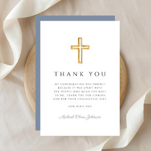 Elegant Dusty Blue Religious Cross Confirmation Thank You Card