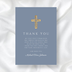 Elegant Dusty Blue Religious Cross First Communion Thank You Card