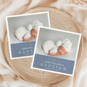 Elegant Dusty Blue Religious Cross Photo Baptism Napkin