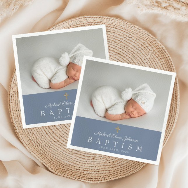 Elegant Dusty Blue Religious Cross Photo Baptism Napkin (Elegant Dusty Blue Religious Cross Photo Baptism Napkins)