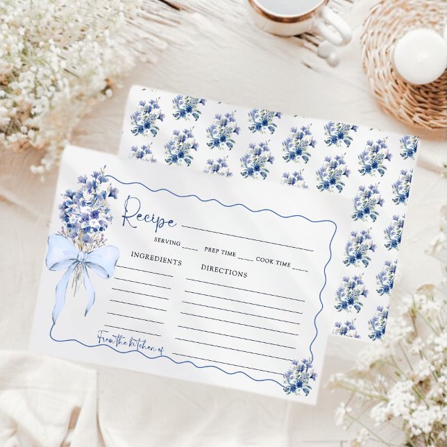 Elegant Dusty Blue Ribbon Bow Bridal Shower Recipe Enclosure Card (Creator Uploaded)