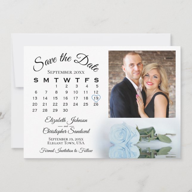 Elegant Dusty Blue Rose Calendar & Photo Wedding Save The Date (Front)