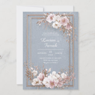 Elegant Dusty Blue Rose Gold Floral Wedding Invitation