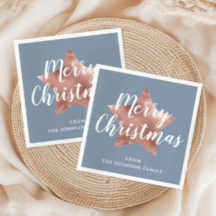 Elegant Dusty Blue Rose Gold Star Christmas Napkin