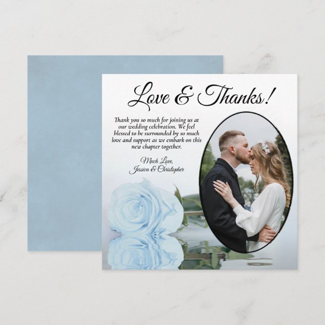 Elegant Dusty Blue Rose Oval Photo Wedding Thank You Card (Front/Back)