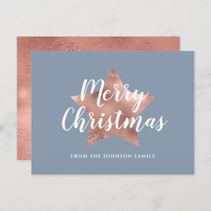 Elegant Dusty Blue Rose Rose Gold Star Christmas Postcard