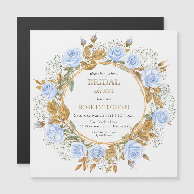 Elegant Dusty Blue Roses and Baby’s Breathe Magnetic Invitation (Front/Back)
