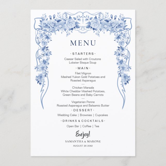Elegant Dusty Blue Roses Bow Wedding Menu  (Front)