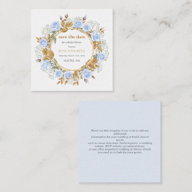 Elegant Dusty Blue Roses Save the Date Enclosure Card (Front/Back)
