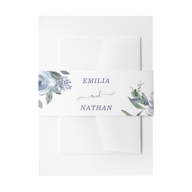 Elegant Dusty Blue Roses with Greenery Invitation Belly Band (Front Example)
