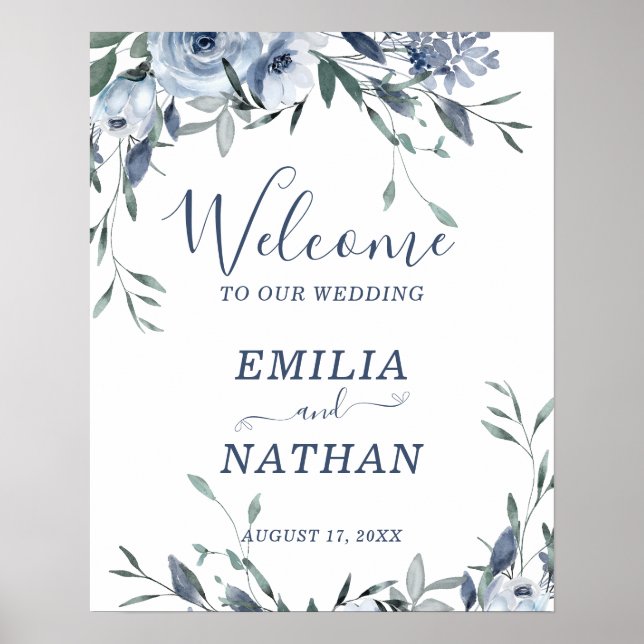 Elegant Dusty Blue Roses with Greenery Welcome  Poster (Front)