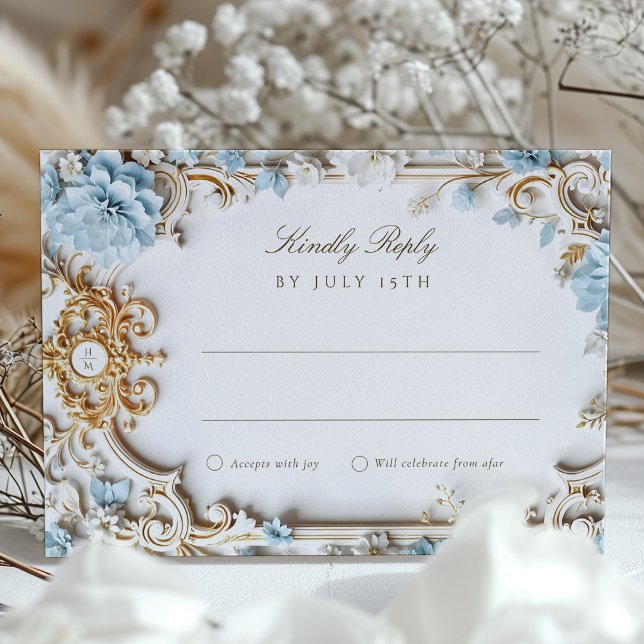 Elegant Dusty Blue RSVP Card with Baroque Gold (Creator Uploaded)