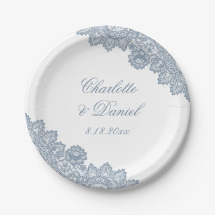 Elegant Dusty Blue Rustic Floral Lace Wedding Paper Plate