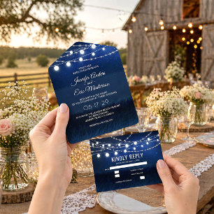 Elegant Dusty Blue Rustic String Lights Wedding Al All In One Invitation