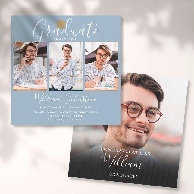 Elegant Dusty Blue Script 4 Photo Graduation Party Invitation (Creator Uploaded)