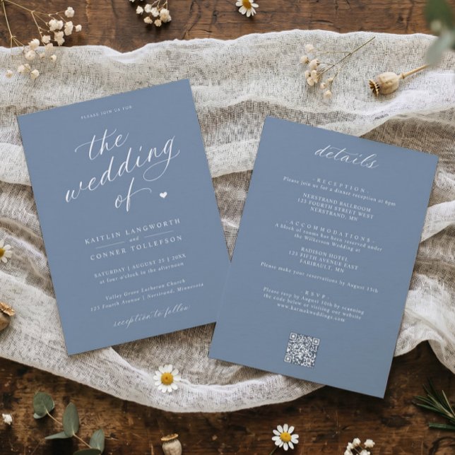 Elegant Dusty Blue Script All in One Wedding Invitation (Dusty blue wedding invitation with white calligraphy, classic typography and heart accent.)