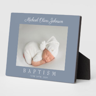 Elegant Dusty Blue Script Baptism Photo Plaque