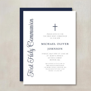 Elegant Dusty Blue Script Boy First Communion Invitation