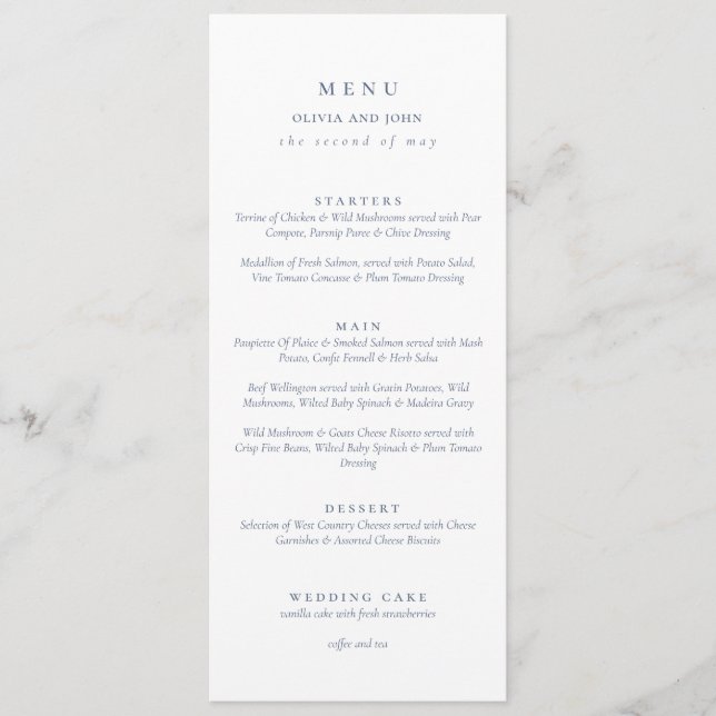 Elegant dusty Blue Script Double Side Wedding  Menu (Front)