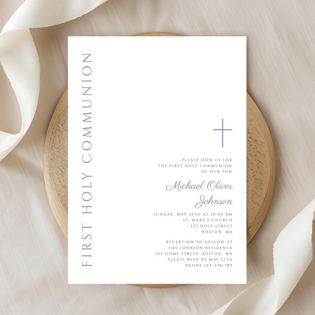 Elegant Dusty Blue Script First Holy Communion Invitation (Elegant Dusty Blue Script First Holy Communion Invitation)