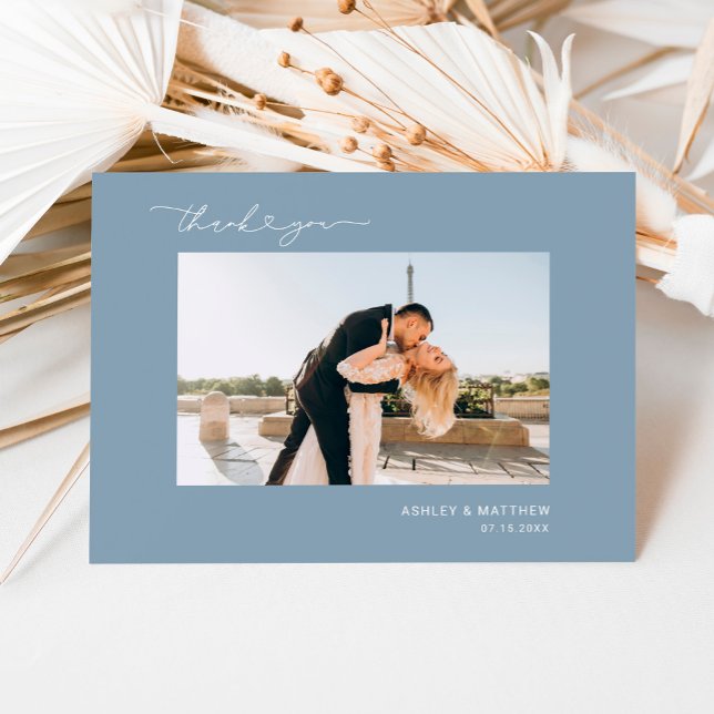 Elegant Dusty Blue Script Heart Photo Wedding Thank You Card (Creator Uploaded)