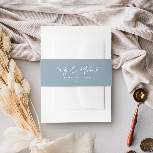 Elegant Dusty Blue Script Minimal Wedding Invitation Belly Band (Creator Uploaded)