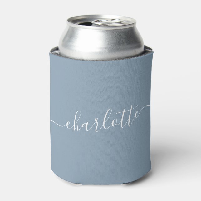 Elegant Dusty Blue Script Modern Name Personalised Can Cooler (Can Front)