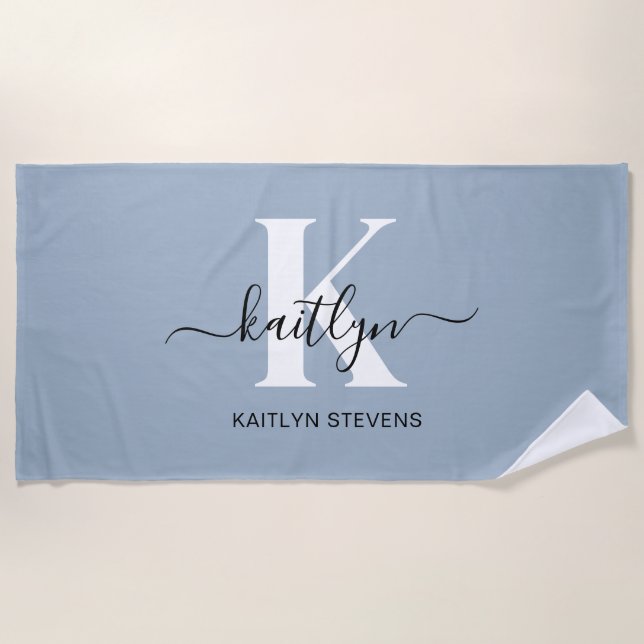 Elegant Dusty Blue Script Monogram Beach Towel (Front)