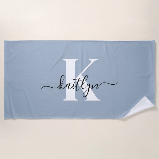 Elegant Dusty Blue Script Monogram Beach Towel (Front)
