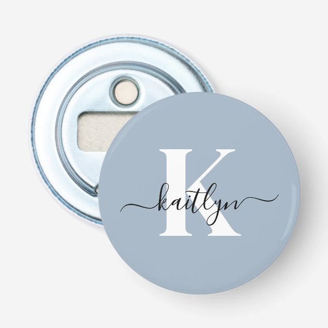 Elegant Dusty Blue Script Monogram Bottle Opener (Front)